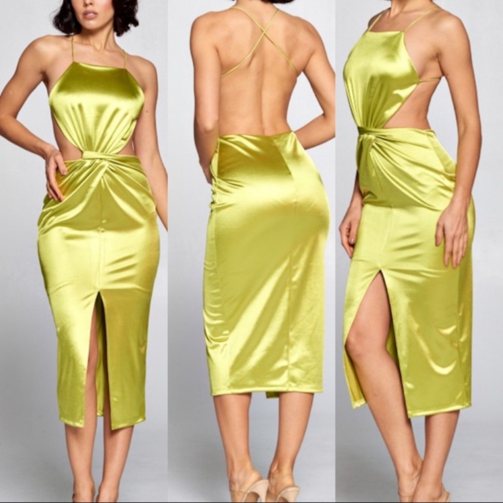 Women’s Elegant Classic Style Vibrant Lime Backless Midi Dress Size Medium NWT